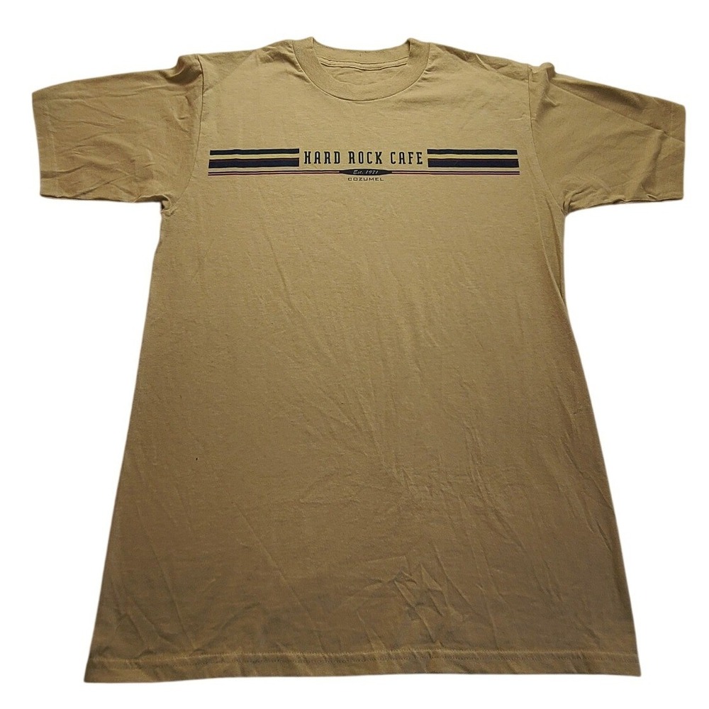 Hard Rock‎ Cafe Cozumel Men's Graphic T-Shirt Tan Short Sleeve Crewneck Striped